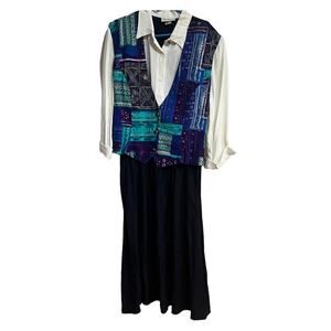 VINTAGE 80s NWT Sears Ultra Dress New York navy/jade FULL length dress with vest